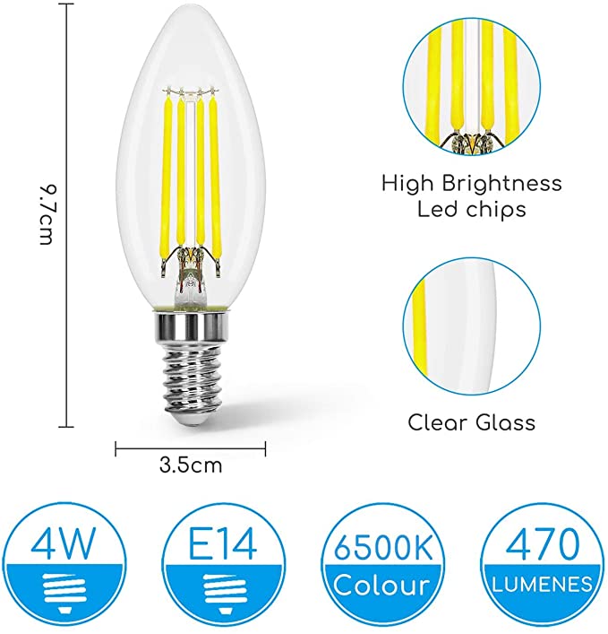 LED-Lampe E14 C35 4W (40W), 470 Lumen, Kaltlicht 6500K, transparente L –  BrightLampadario