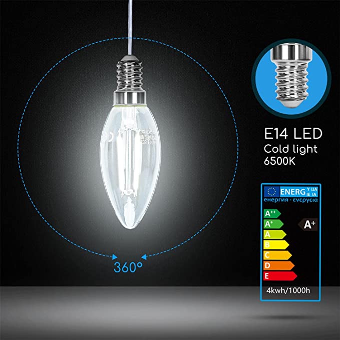 Lampadina LED E14 C35 4W (40W), 470 Lumen, Luce Fredda 6500K